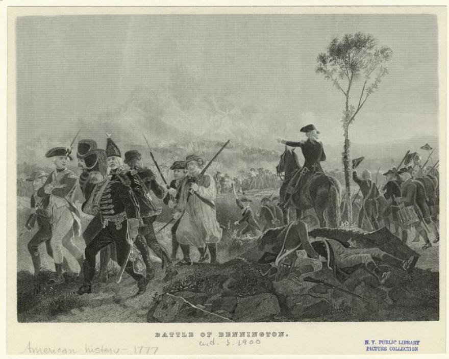 An engraving after a painting by Alonzo Chappel depicts the Battle of Bennington on Aug. 16, 1777. Image courtesy of the New York Public Library Picture Collection.